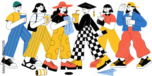 Group of young students walking and drinking together after school with students lifestyle education together chatting youngsters illustration colorful graduation learning friendship