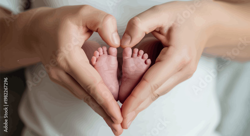 Close up of caring adult hands forming a beautiful heart shape around delicate newborn baby feet, symbolizing love, protection, and new life joyously beginning.