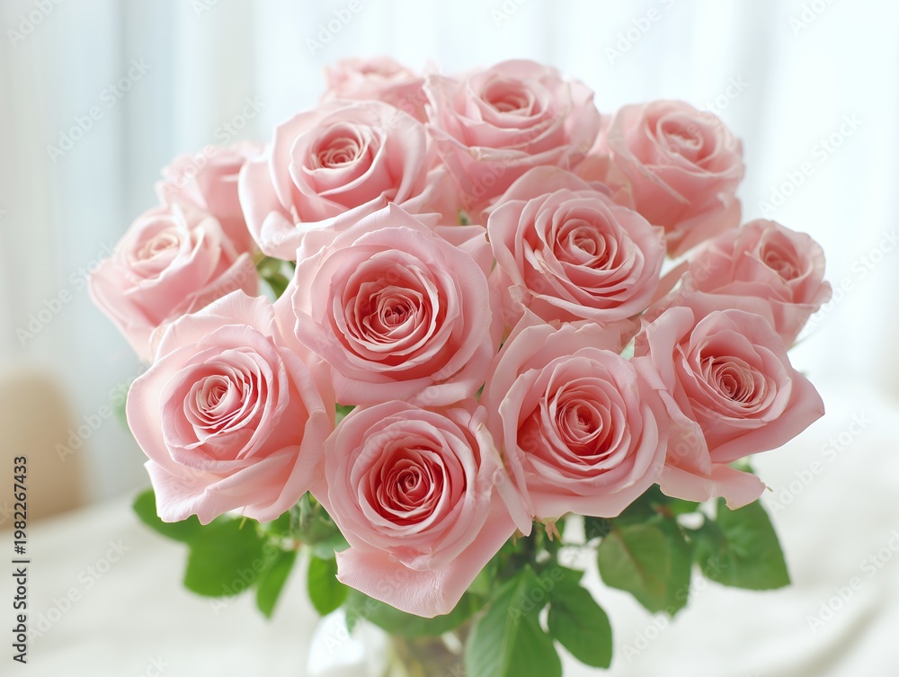 Obraz premium Beautiful bouquet of fresh pink roses in a bright indoor setting