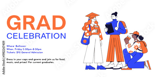 Graduation party announcement poster with students graduation celebration students invitation education university academic learning achievement ceremony illustration graphics template
