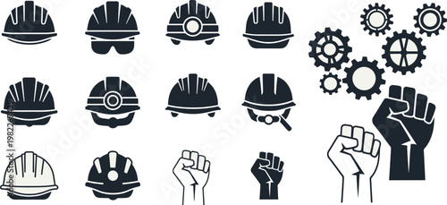 Black and white icons of construction helmets and gear with fists