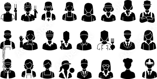black and white silhouettes of various people in different professions and occupations on white background