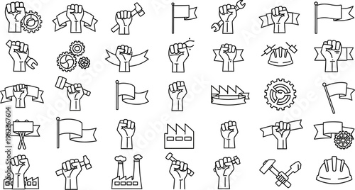 collection of line icons depicting various industrial and protest symbols including fists flags gears and tools