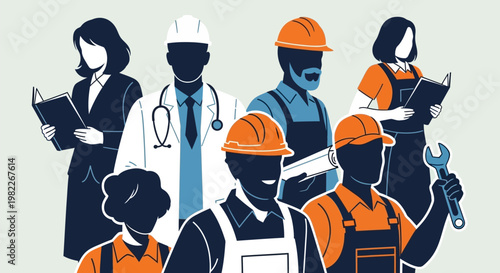 Diverse group of professionals and workers in various occupations standing together in a line