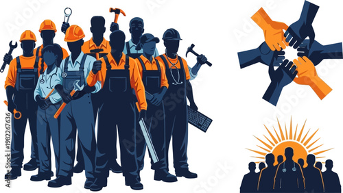 Diverse group of workers with tools and teamwork hands shaking in solidarity and cooperation