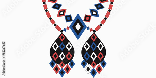 Abstract geometric necklace illustration with red blue black diamond shapes necklace geometric accessory abstract ornament decorative illustration minimalist creative composition