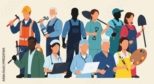 Diverse professionals and occupations in various industries standing together