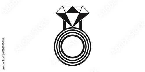 Minimalist black and white diamond engagement ring icon with engagement minimalist gemstone accessory brilliant precious marriage romantic silhouette isolated illustration monochrome