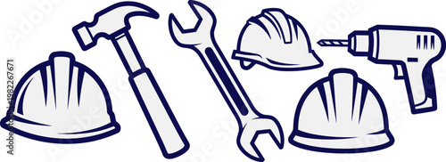 Collection of construction tools and hard hats for building and safety equipment