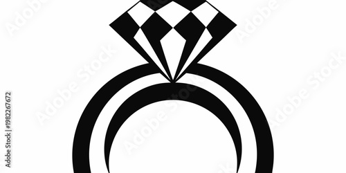 Simple black and white geometric diamond ring icon with engagement accessory gemstone precious brilliant isolated illustration silhouette romantic proposal marriage expensive minimalist