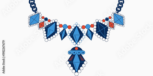 Ornate jewelry necklace graphic with blue crystal and diamond shaped gems necklace crystals diamonds accessory decorative illustration abstract wearable composition ornament adornment
