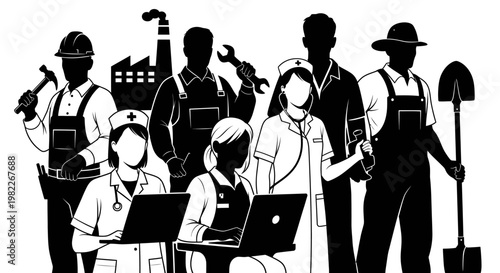 various professionals working together in one place with silhouette  office workers and laborers