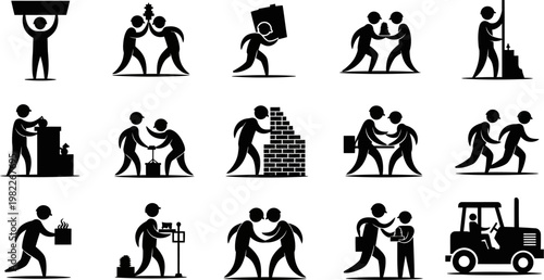 black silhouettes of people working together and alone in various professions and tasks