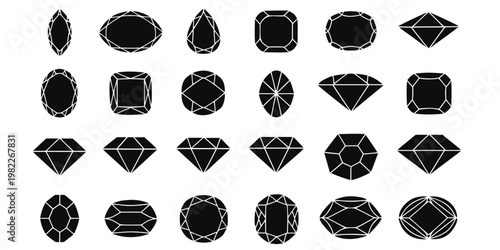 Assorted black gemstone and diamond cut silhouettes with gemstone silhouettes collection isolated geometry precious minimalist illustration aesthetic branding
