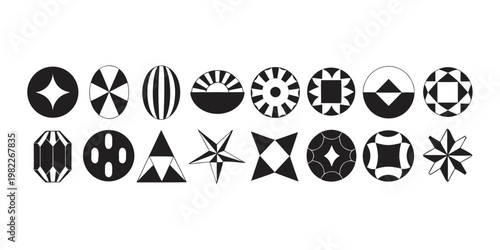 Set of various black and white geometric circular and star icons with geometric collection minimalist elements abstract creative composition symmetry illustration aesthetic
