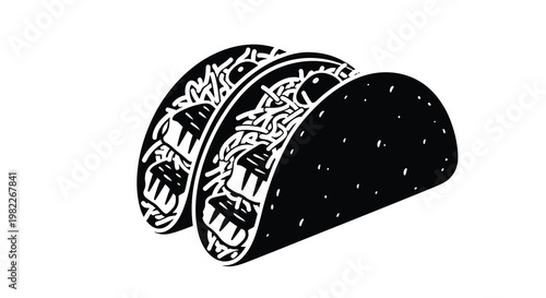 A black and white illustration depicts two tacos side by side showcasing their filled interiors