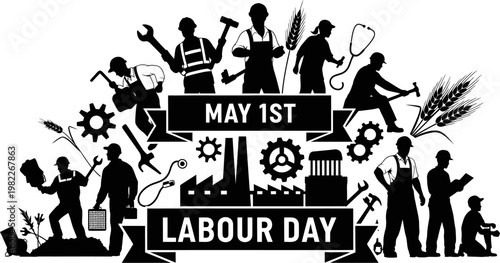 labour day may 1st international workers day celebration with silhouettes of workers and tools  labour day may 1st international workers day celebration with silhouettes of workers and tools