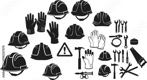 Construction tools and safety equipment icons including helmets gloves and wrenches on white background