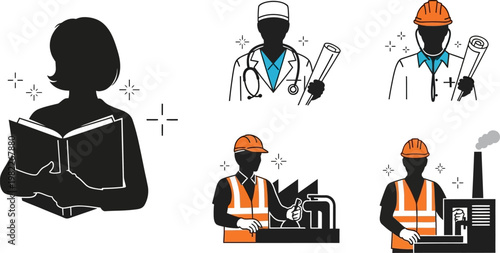 Silhouette icons of people in various professions and education isolated on white background