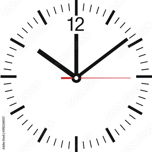 Classic analog wall clock showing 10:10 time, minimalist design with black hands, red second hand, isolated white background