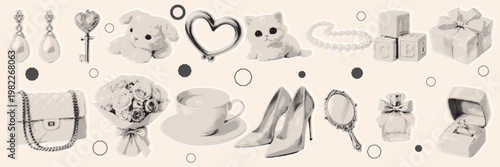 halftone, pop art, dot, elegant fashion collection with earring necklace, handbag, heel, perfume, and mirror luxury set vector illustration