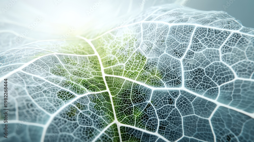 Naklejka premium Close-up of a delicate leaf skeleton showing intricate vein patterns illuminated by soft light, Nano Tech World, AI technology