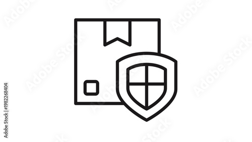 Secure package delivery vector icon illustration featuring a cardboard box with a protective shield symbol, representing shipping insurance, safe handling, and guaranteed product protection.