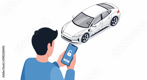Man Unlocking Modern Electric Car Using Smartphone App Isometric Illustration. Smart Vehicle Remote Control, Digital Key, and Car Sharing Technology Concept on White Background.