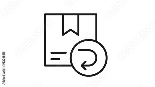 Black line vector icon of a cardboard shipping box with a return arrow symbol, representing product returns, refunds, or package exchanges in e-commerce and logistics illustration.