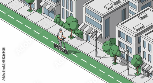 Isometric Vector Illustration of a Person Riding an Electric Scooter on a City Bike Lane. Sustainable Urban Commuting and Eco-Friendly Smart City Transport Concept.