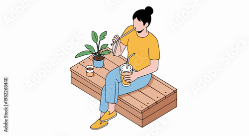 Isometric Vector Illustration of a Young Woman Sitting on a Wooden Crate and Drinking a Refreshing Beverage, Minimalist Lifestyle Design