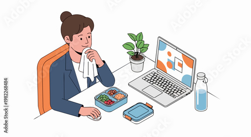 Professional Businesswoman Eating Healthy Lunch at Office Desk with Laptop, Flat Vector Illustration of Workplace Meal Break and Healthy Lifestyle