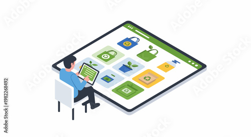 Isometric Illustration of a Man Shopping for Eco-Friendly and Sustainable Products on a Digital Online Marketplace with Recycling Symbols