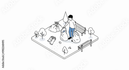 Isometric Illustration of Volunteer Man Cleaning Up Litter in a Park with Trash Bags for Environmental Conservation and Sustainability