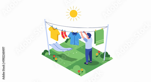 Isometric Man Hanging Laundry on Outdoor Clothesline, Sustainable Lifestyle and Eco-Friendly Drying Concept Illustration