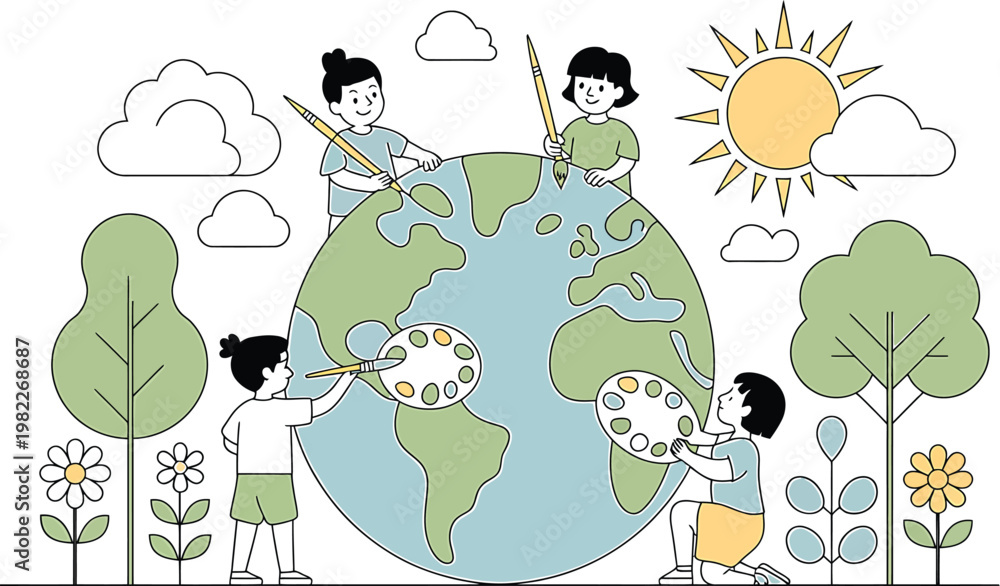 Naklejka premium Diverse children actively painting and nurturing the planet earth together