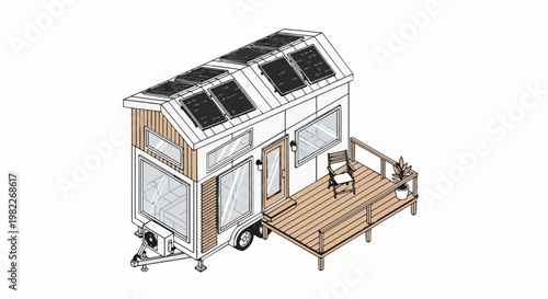 Isometric Illustration of a Modern Tiny House on Wheels with Solar Panels and Wooden Deck, Sustainable Off-Grid Living and Minimalist Architecture Concept