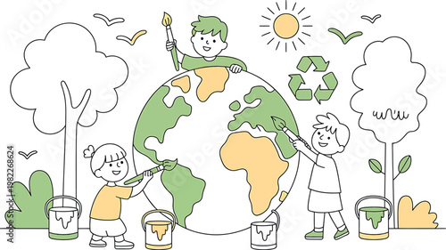 Children painting the earth with colors, symbolizing environmental care