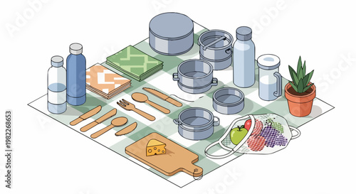 Isometric Illustration of Sustainable Picnic and Camping Essentials, Featuring Reusable Water Bottles, Wooden Cutlery, and Eco-Friendly Food Containers.