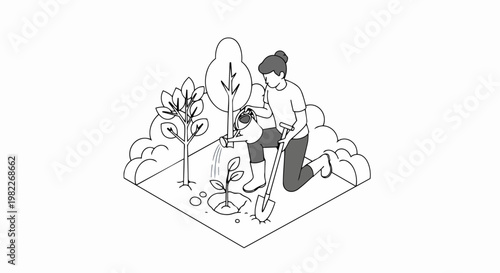 Woman Gardening and Planting a Sapling Isometric Line Art Illustration - Sustainability, Eco-friendly, and Environment Concept