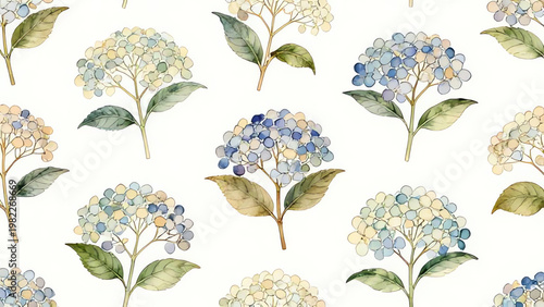 Seamless pattern of soft hydrangea flowers, vintage watercolor style, cute and colorful floral wallpaper.