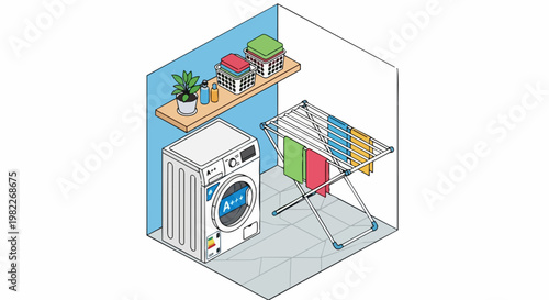 Isometric Laundry Room Illustration with Energy Efficient Washing Machine and Clothes Drying Rack