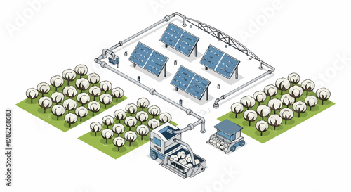 Smart Farming Concept: Isometric Illustration of an Automated Cotton Field with Solar Energy, Irrigation System, and Robotic Harvesters for Sustainable Agriculture.