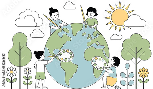Diverse children actively painting and nurturing the planet earth together