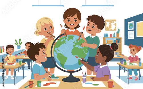 Children learning geography by painting the globe in a classroom with hands