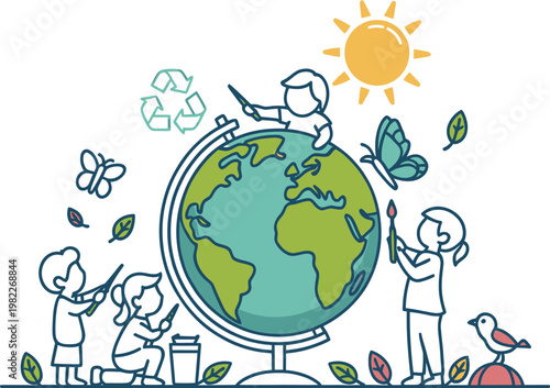 Children paint and decorate the globe, inspiring environmental awareness