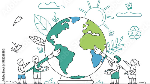 Kids color earth's continents, fostering global environmental stewardship