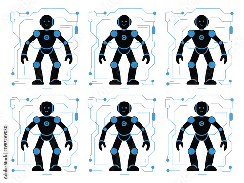Robots appear in a digital grid layout.