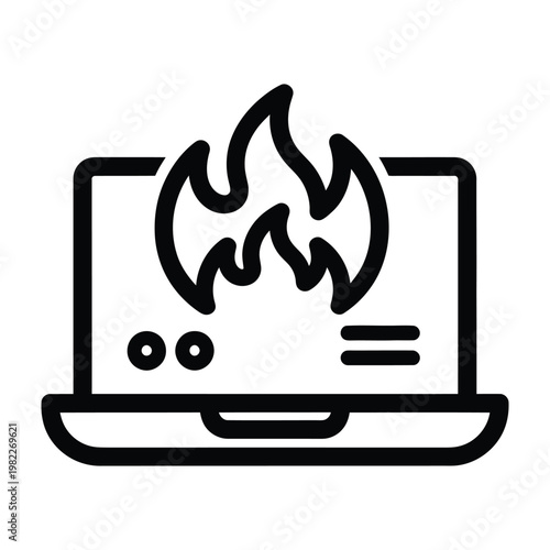Laptop with fire icon overheating computer technical malfunction data loss burning device system error hardware failure