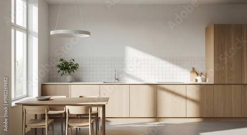 Bright minimalist kitchen and dining area featuring light wood cabinetry, white tiled backsplash, and natural sunlight.